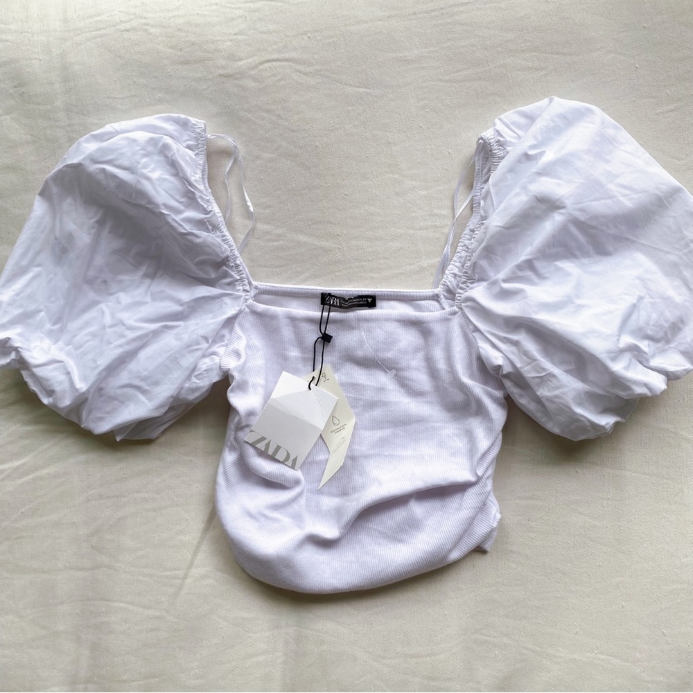 🐚 ZARA BOHO WHITE PUFF SLEEVE RUCHED CROP TOP! - Picture 5 of 11